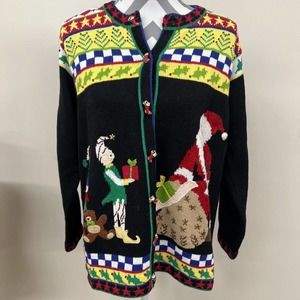 VTG Storybook Knits Medium Cardigan Sweater Christmas Santa Elves FS Charity